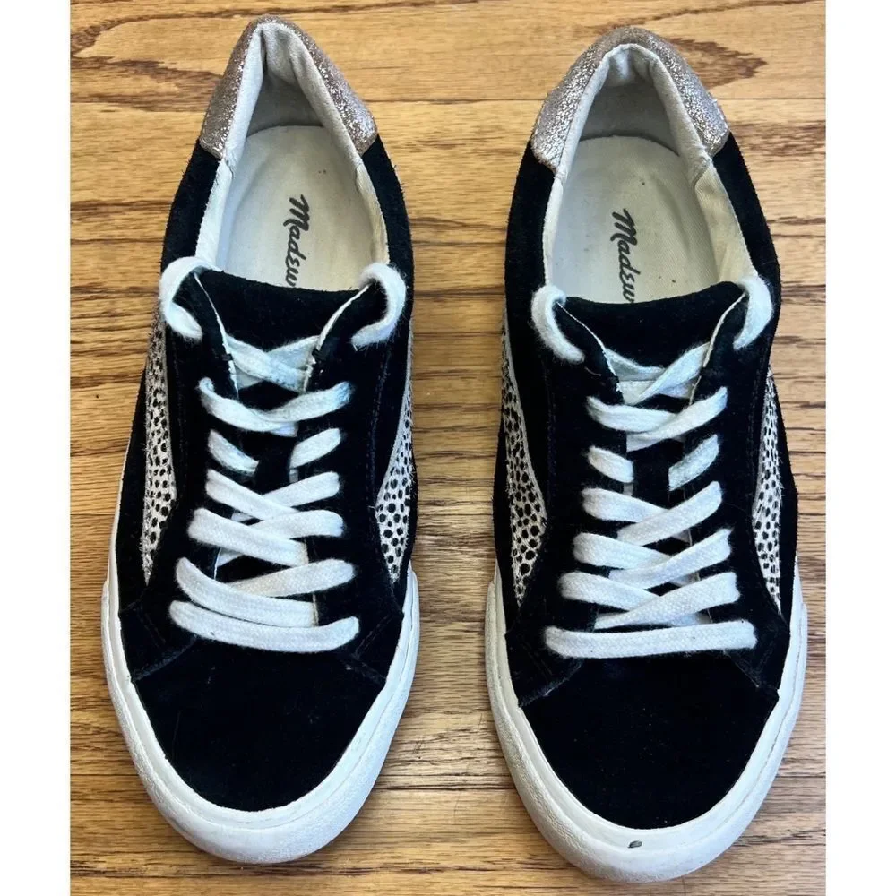 Madewell Black Leather Suede Cheetah Print Calf Hair Sneakers Sidewalk Low Sz 5